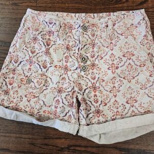 Anthropologie Pilcro Cream Shorts with Coral & Purple Print